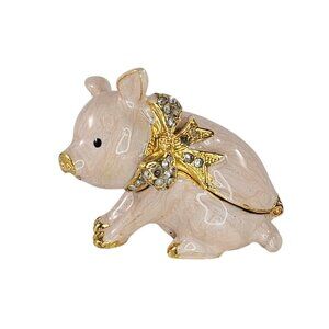 Vintage Pig Trinket Box Enamel Rhinestone Bow Detailing *FLAW*